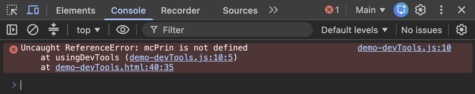 The console showing a ReferenceError